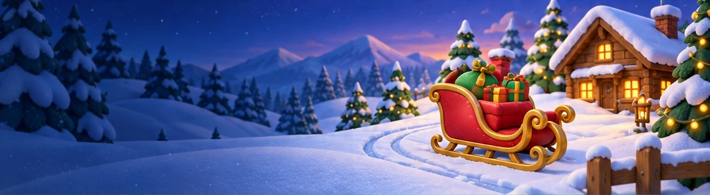 A red sleigh outside a cosy snow-covered cottage