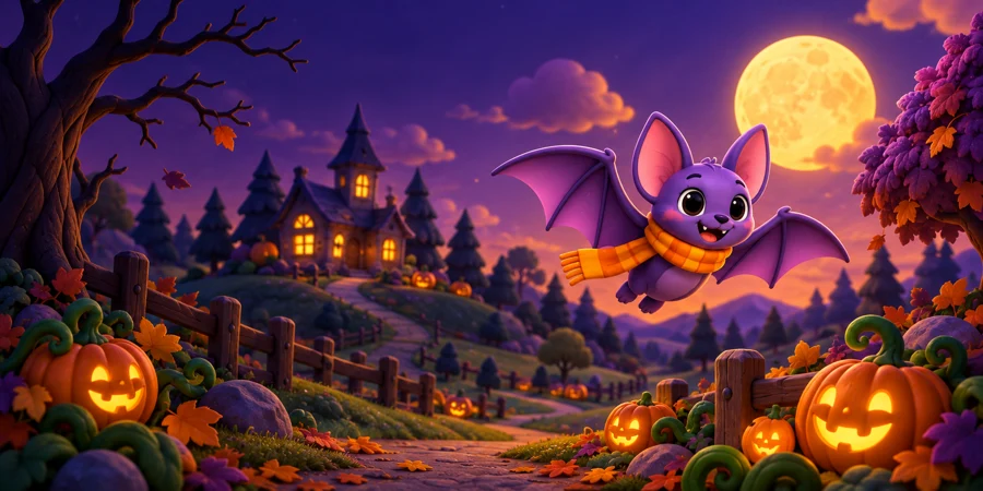 A friendly purple bat exploring a moonlit pumpkin world