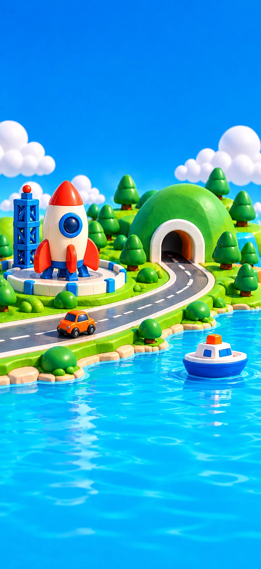 A bright toy world with a rocket launch pad, winding roads and a little boat on a blue lake