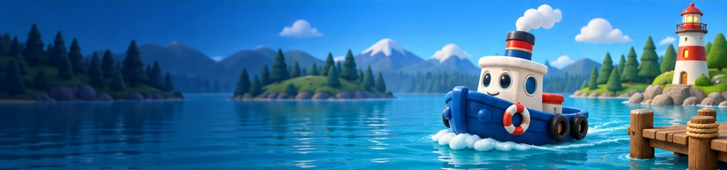 A friendly blue tugboat sailing past a lighthouse