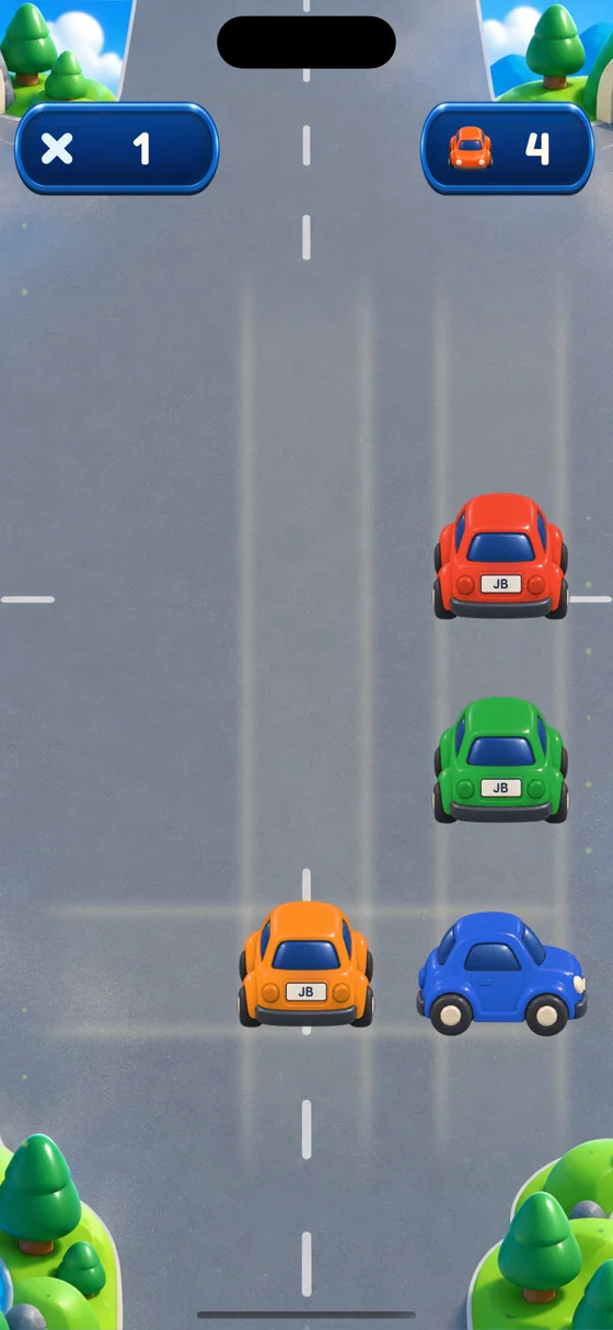 Actual Roads gameplay, with colourful cars and obstacles