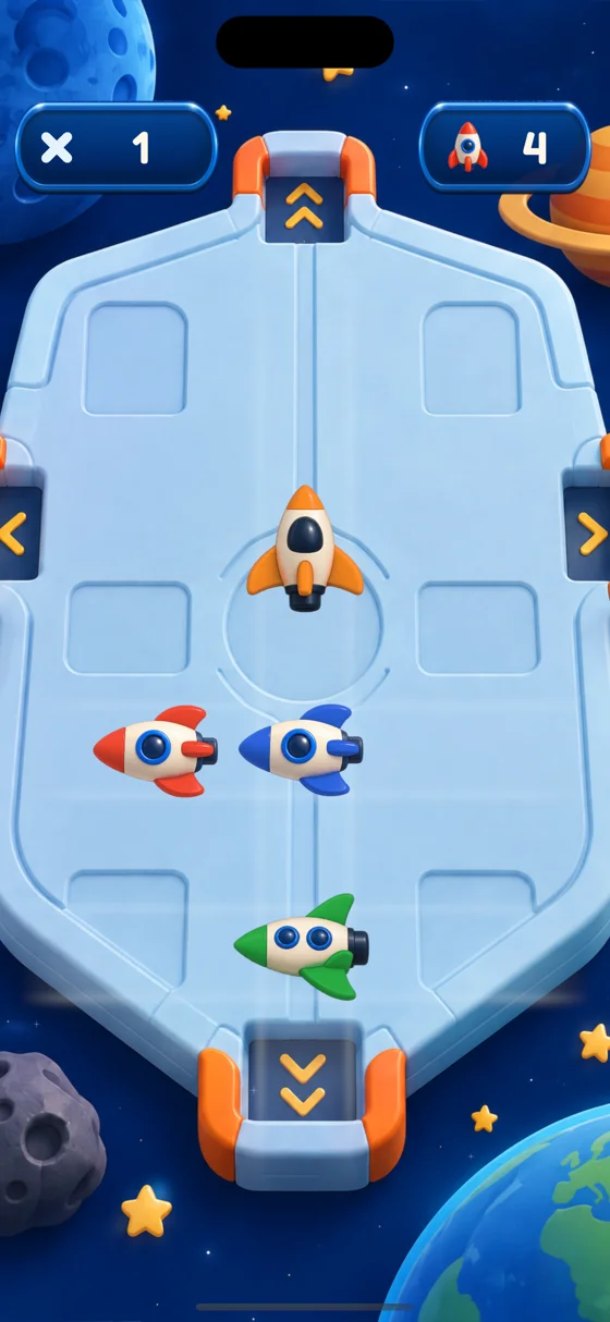Actual Space gameplay, with directional rockets on a launch platform