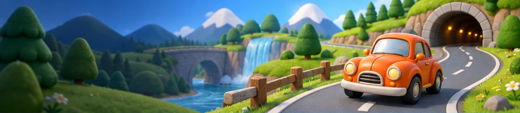 An orange toy car on a winding countryside road