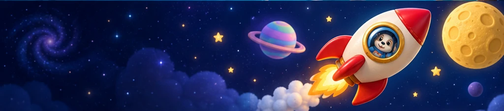 A smiling astronaut in a red rocket among colourful planets