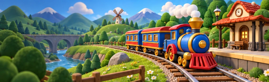 A colourful steam train at a little country station
